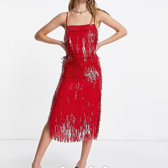 NWT ASOS DESIGN shard detail midi dress with sheer waist detail in red size US 4 - Picture 3 of 9